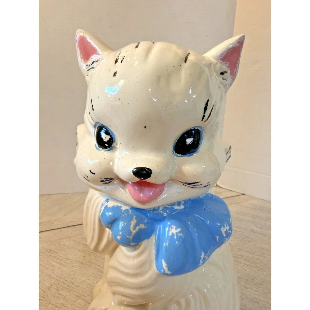 Vintage American Bisque Fluffy Cat Cookie Jar Blue Bow 1940s 1950s Pottery USA